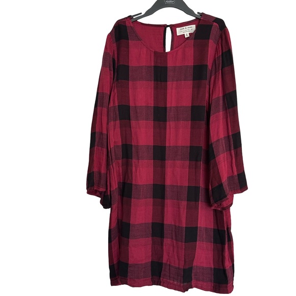 Anthropologie Cloth & Stone Red and Black Buffalo Plaid Cotton Blend Shirt Dress - Picture 2 of 7